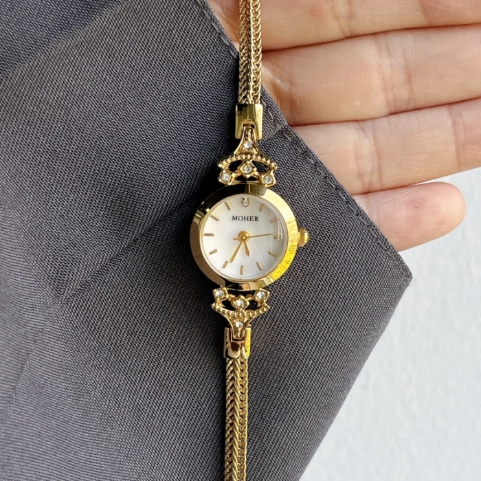 MoHer Watch Gold Small Face White Mother of Pearl Bracelet Watch