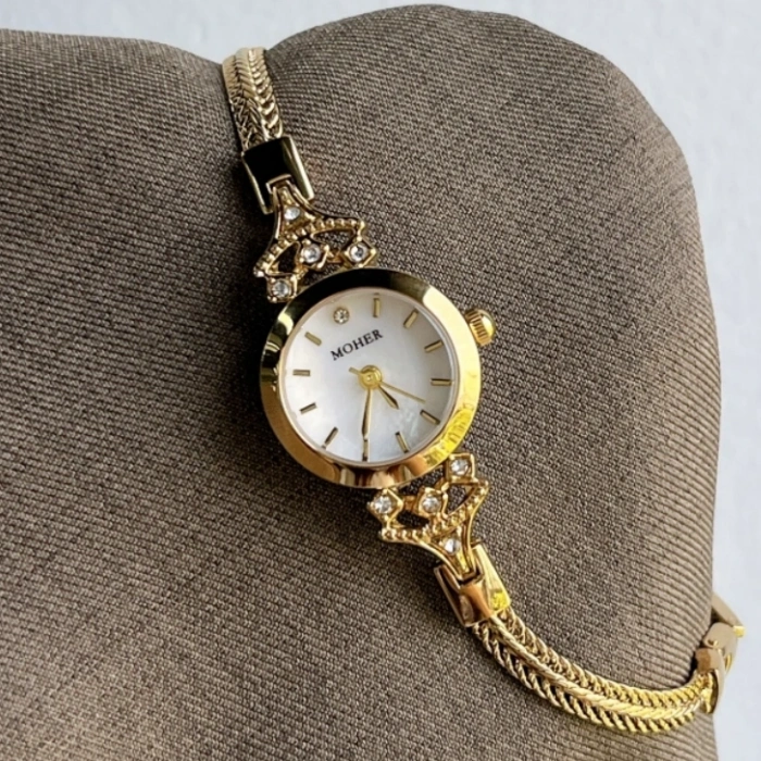 MoHer Watch Gold Small Face White Mother of Pearl Bracelet Watch