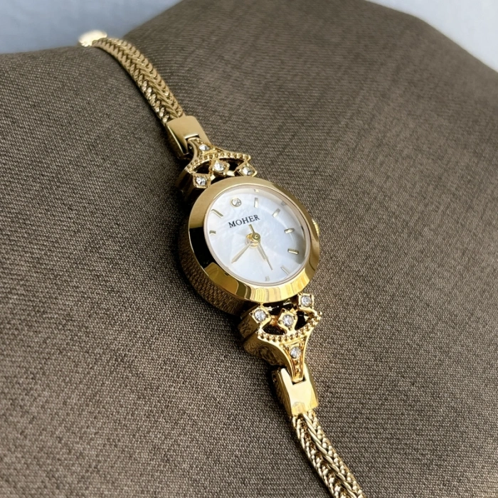 MoHer Watch Gold Small Face White Mother of Pearl Bracelet Watch