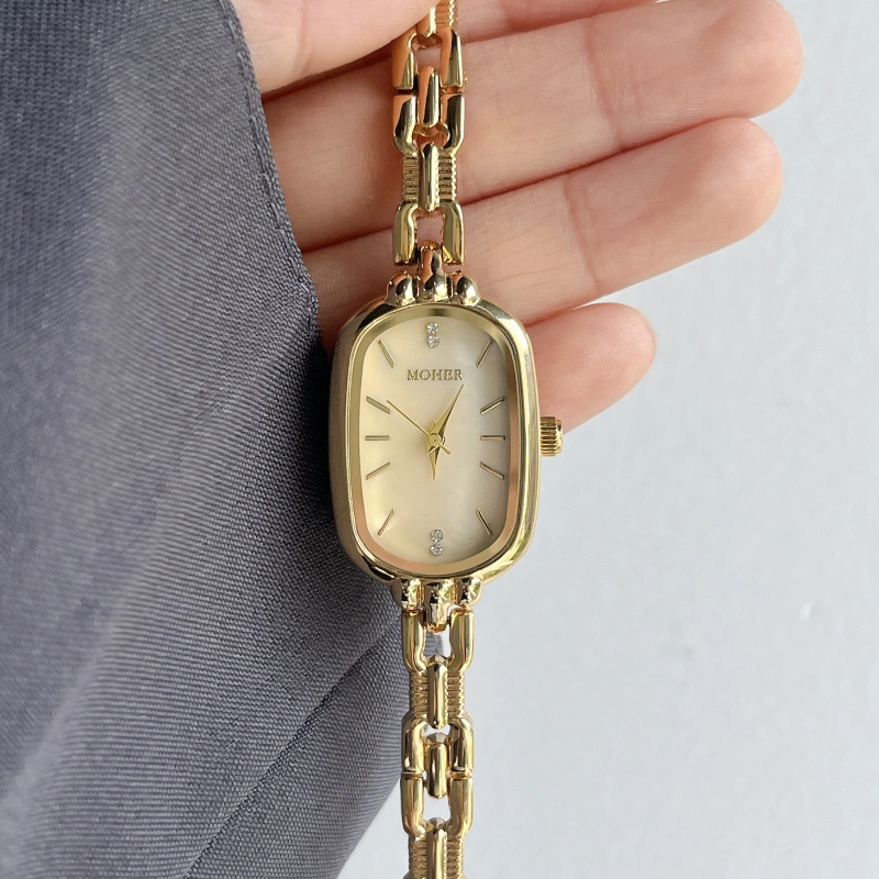 Moher Watch Beige Mother of Pearl Dial Gold Oval Bracelet Watch for Women