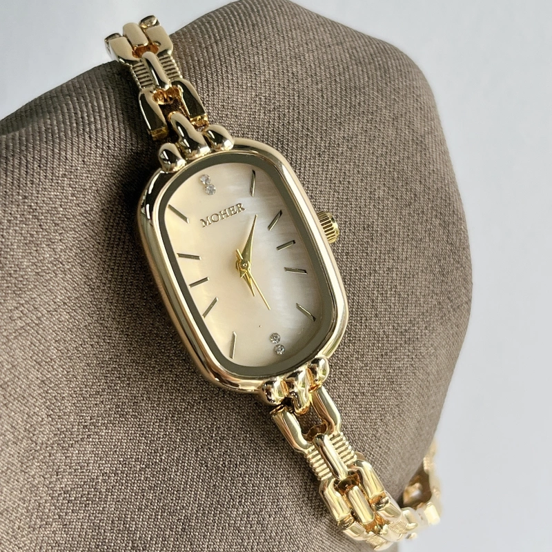 Moher Watch Beige Mother of Pearl Dial Gold Oval Bracelet Watch for Women