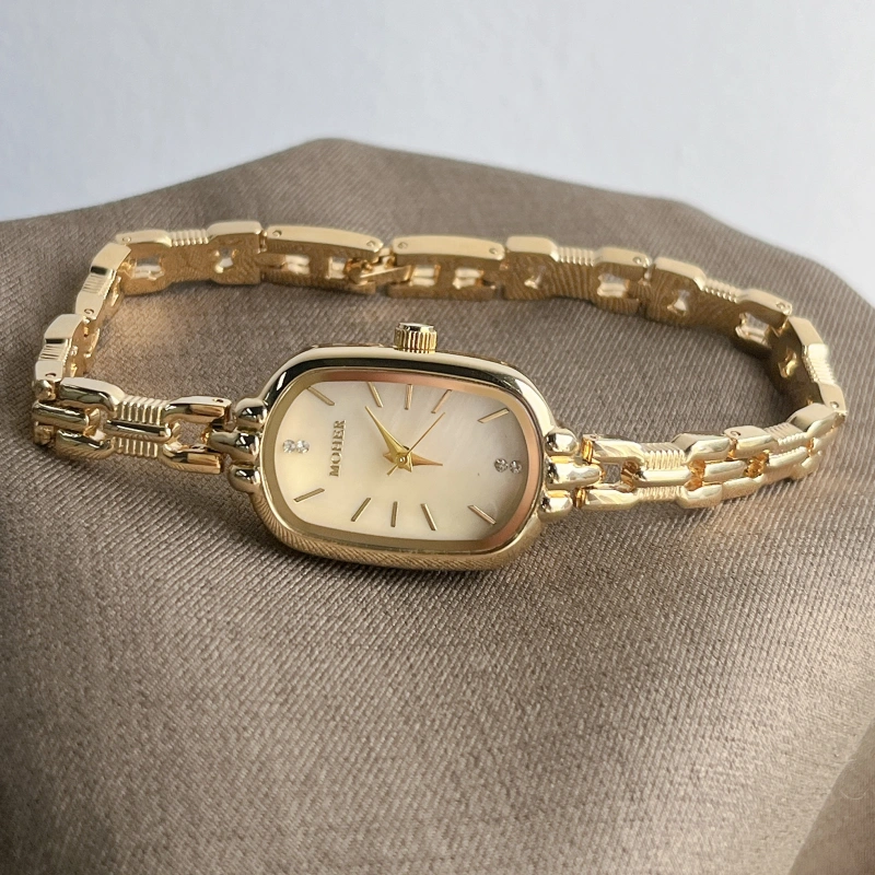 Moher Watch Beige Mother of Pearl Dial Gold Oval Bracelet Watch for Women