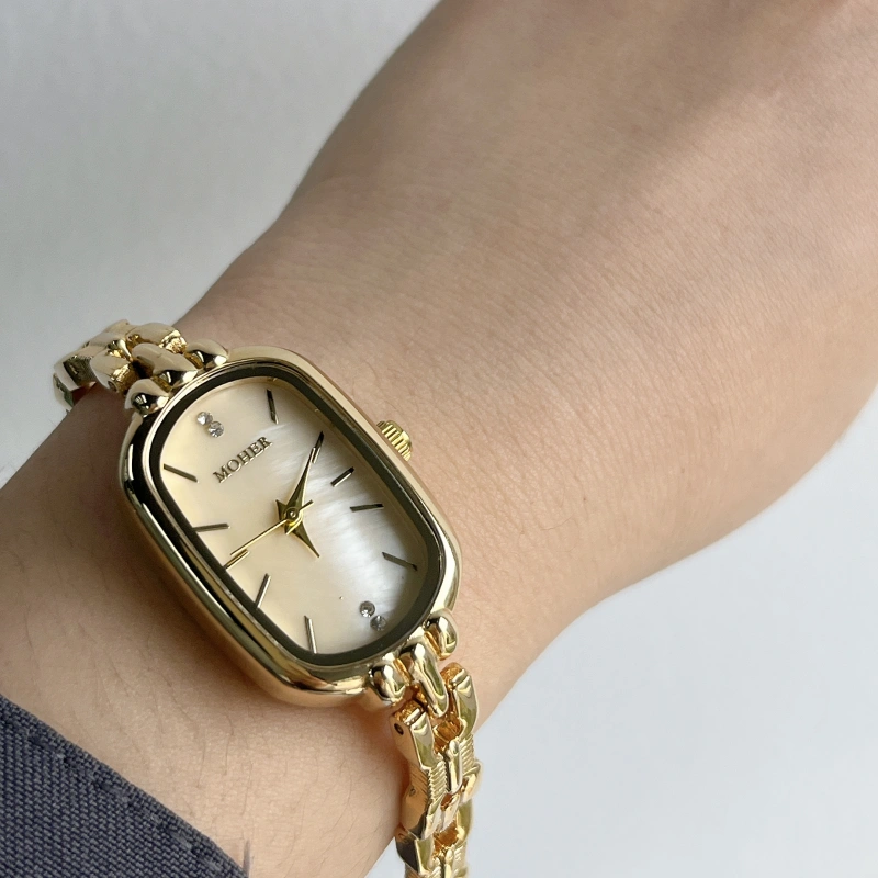 Moher Watch Beige Mother of Pearl Dial Gold Oval Bracelet Watch for Women
