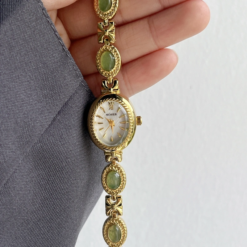 MoHer Watch Gold Small Face Green Jade Gemstone Bracelet Watch