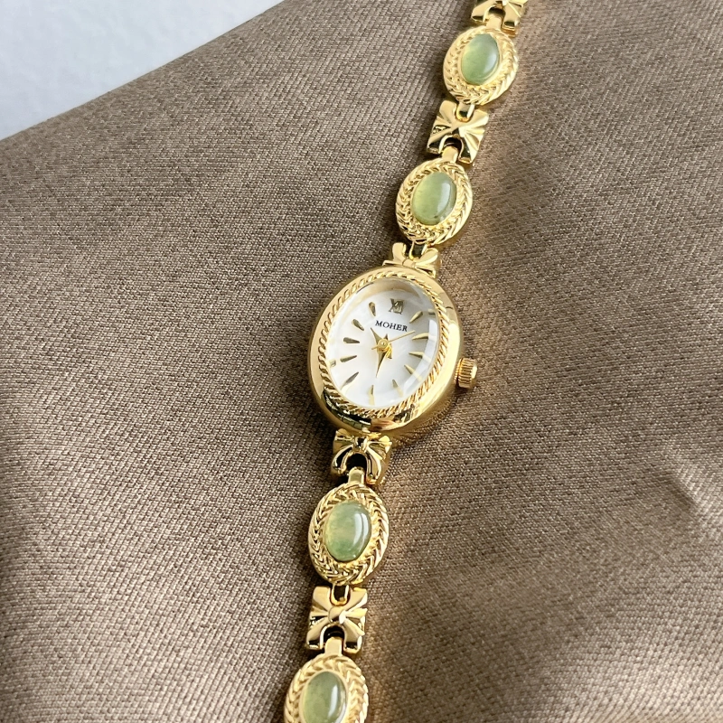 MoHer Watch Gold Small Face Green Jade Gemstone Bracelet Watch
