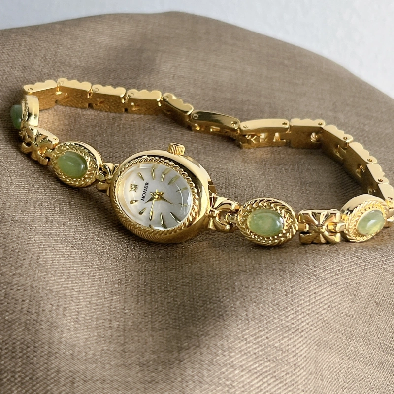 MoHer Watch Gold Small Face Green Jade Gemstone Bracelet Watch
