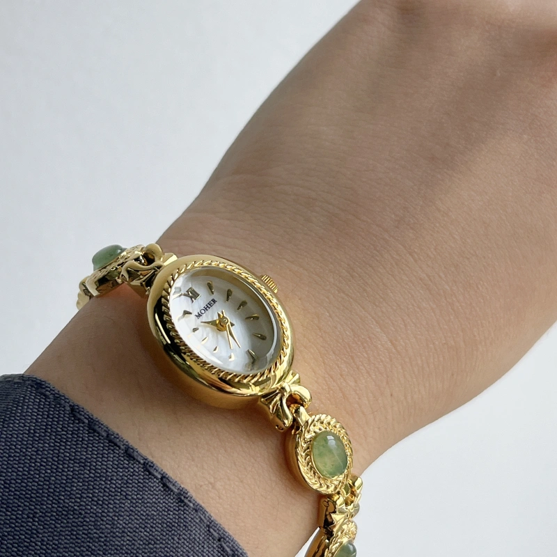 MoHer Watch Gold Small Face Green Jade Gemstone Bracelet Watch