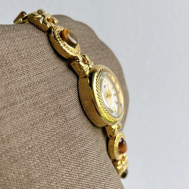 MoHer Watch Beige Mother of Pearl Tiger's Eye Gemstone Bracelet Watch