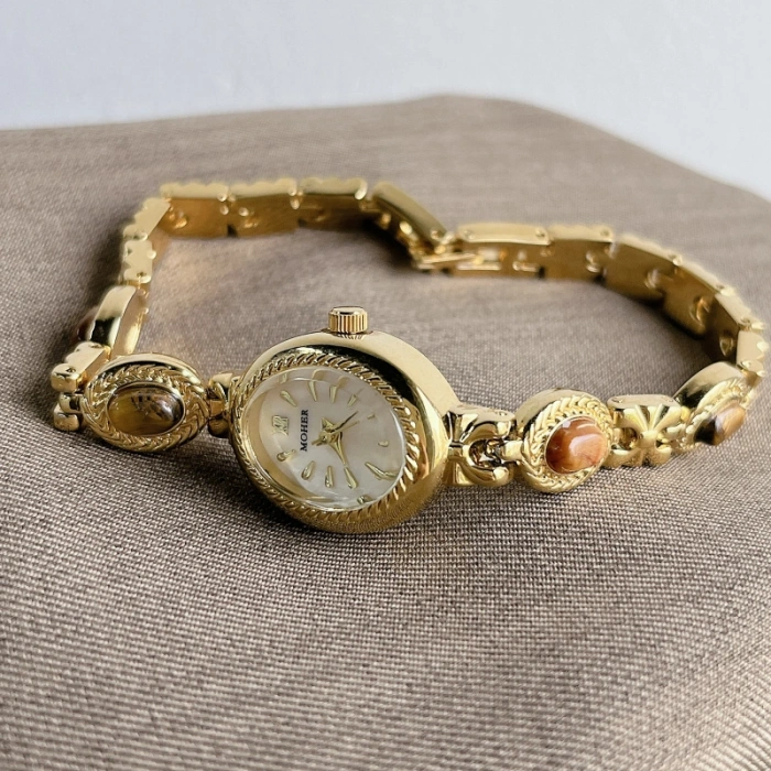 MoHer Watch Beige Mother of Pearl Tiger's Eye Gemstone Bracelet Watch