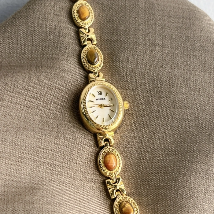 MoHer Watch Beige Mother of Pearl Tiger's Eye Gemstone Bracelet Watch