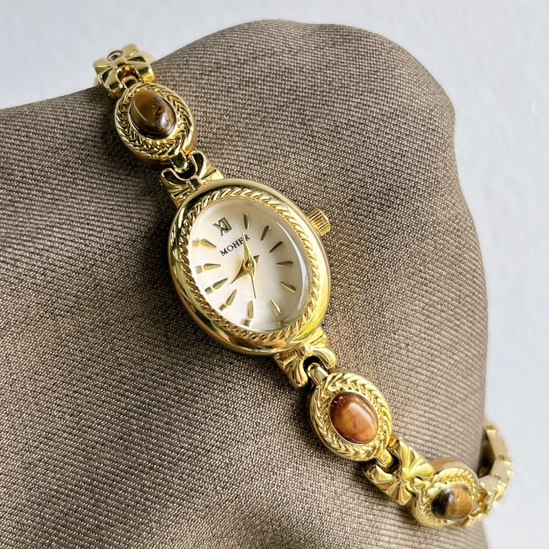 MoHer Watch Beige Mother of Pearl Tiger's Eye Gemstone Bracelet Watch
