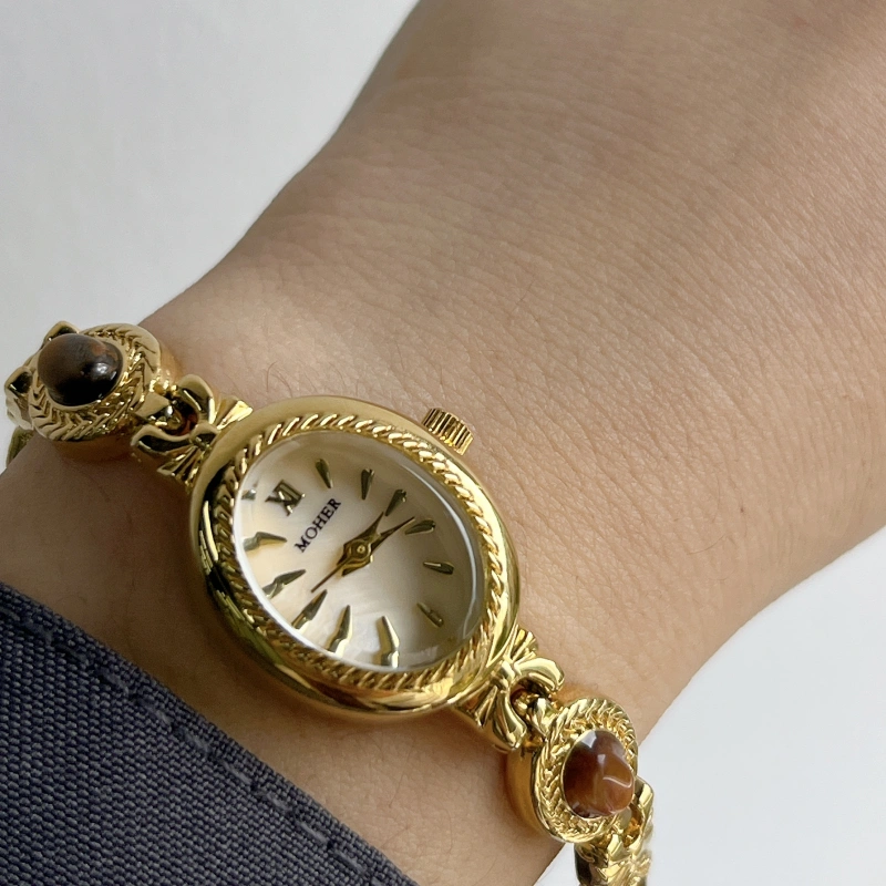 MoHer Watch Beige Mother of Pearl Tiger's Eye Gemstone Bracelet Watch