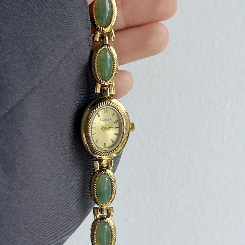 MoHer Watch Gold Oval Green Jade Bracelet Women's Watch