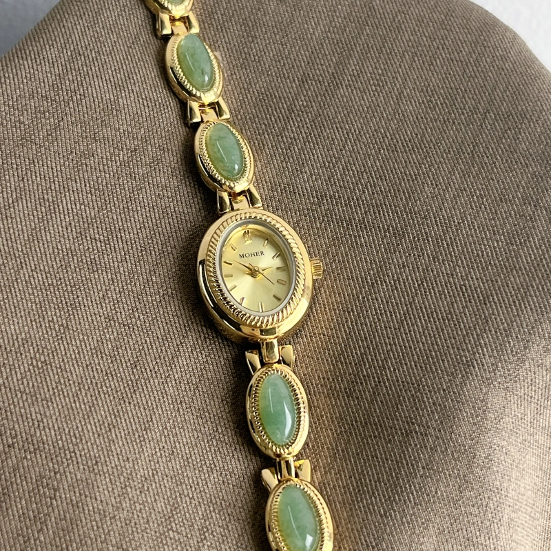 MoHer Watch Gold Oval Green Jade Bracelet Women's Watch