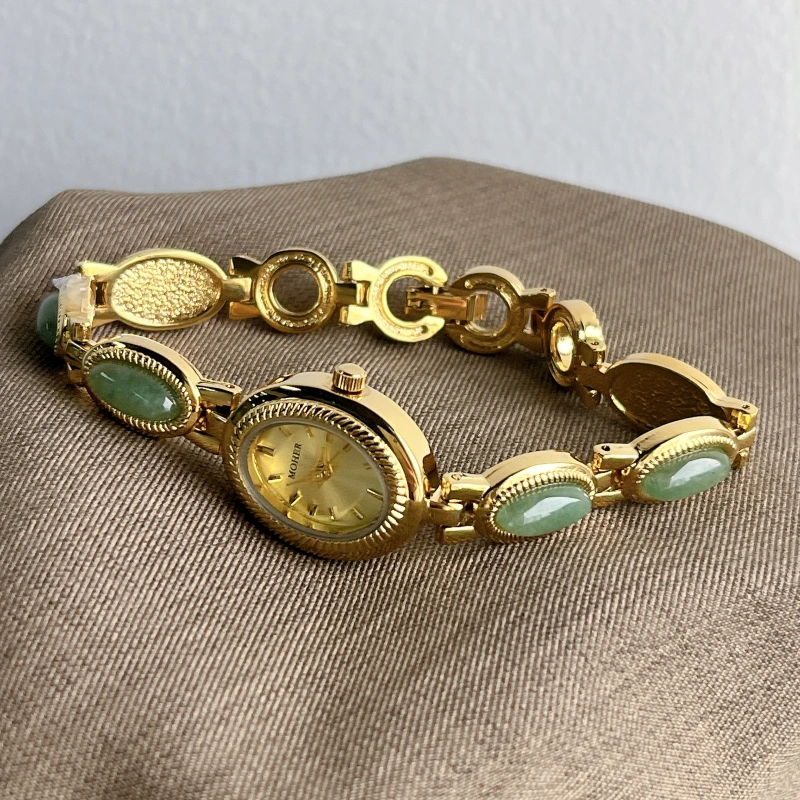 MoHer Watch Gold Oval Green Jade Bracelet Women's Watch