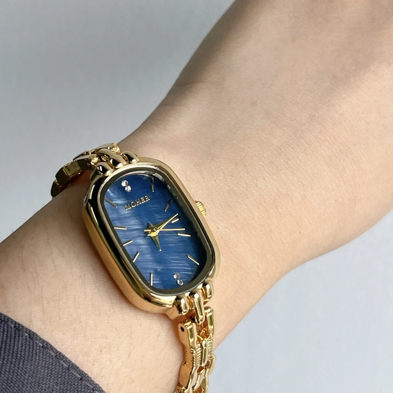 MoHer Watch Blue Mother of Pearl Dial Gold Oval Bracelet Watch for Women