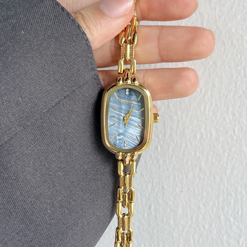 MoHer Watch Blue Mother of Pearl Dial Gold Oval Bracelet Watch for Women