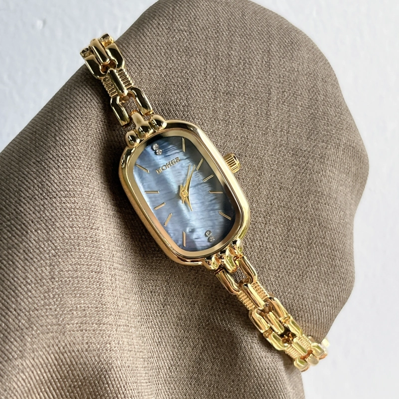MoHer Watch Blue Mother of Pearl Dial Gold Oval Bracelet Watch for Women