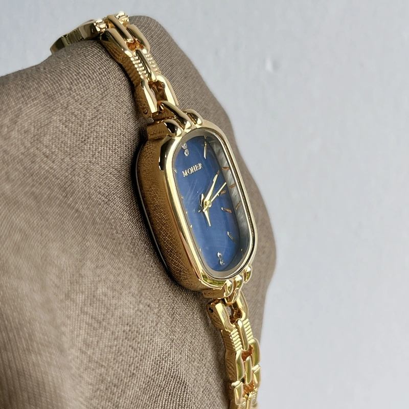MoHer Watch Blue Mother of Pearl Dial Gold Oval Bracelet Watch for Women