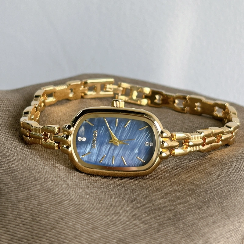 MoHer Watch Blue Mother of Pearl Dial Gold Oval Bracelet Watch for Women