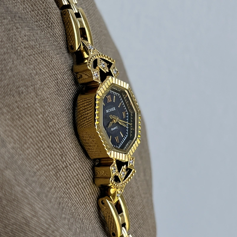 MoHer Watch Octagon Royal Blue Dial Gold Bracelet Watch for Women
