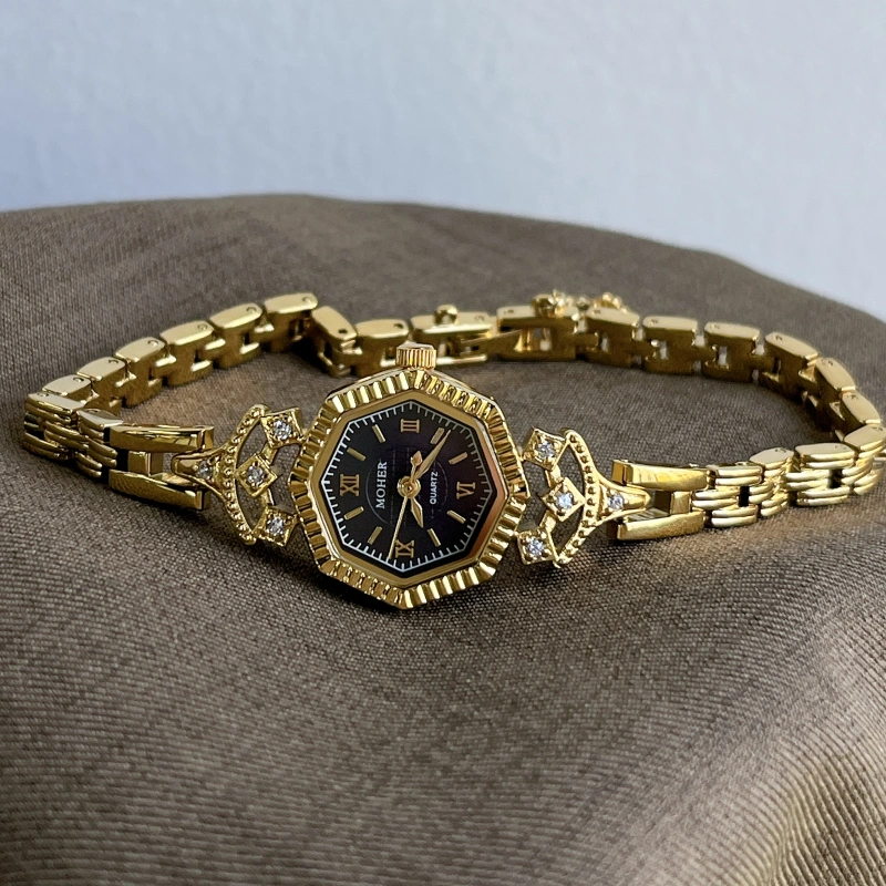 MoHer Watch Octagon Royal Blue Dial Gold Bracelet Watch for Women