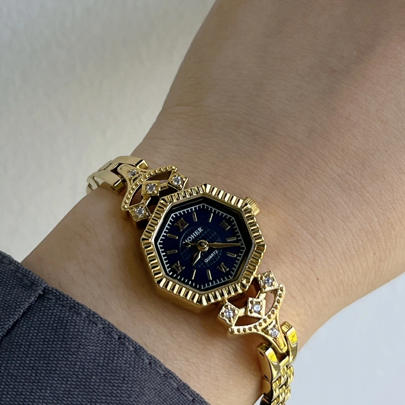 MoHer Watch Octagon Royal Blue Dial Gold Bracelet Watch for Women