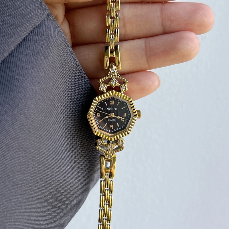 MoHer Watch Octagon Royal Blue Dial Gold Bracelet Watch for Women