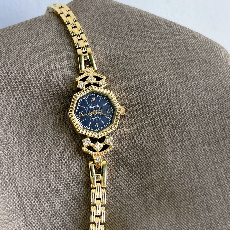 MoHer Watch Octagon Royal Blue Dial Gold Bracelet Watch for Women