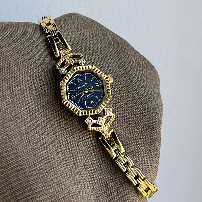 MoHer Watch Octagon Royal Blue Dial Gold Bracelet Watch for Women