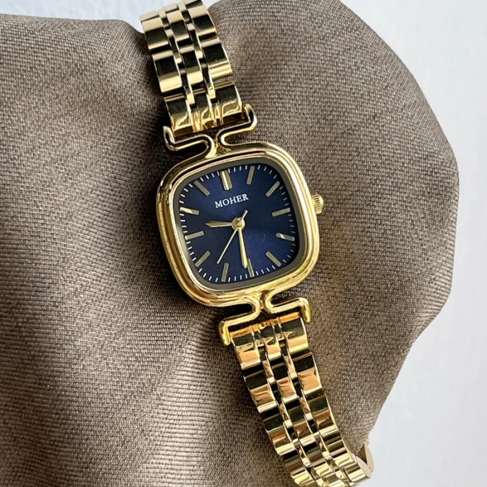 MoHer Watch Gold Square Dark Royal Blue Dial Bracelet Watch for Women