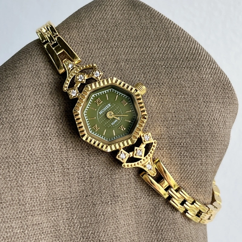 MoHer Watch Gold Octagon Emerald Green Dial Bracelet Watch for Women