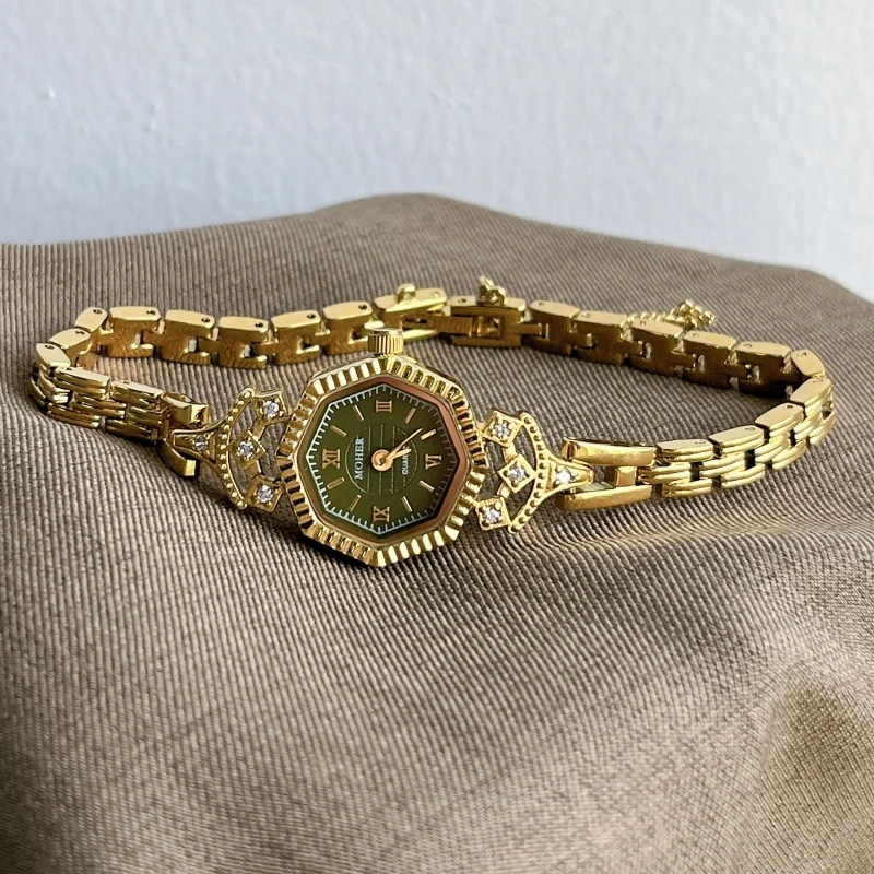 MoHer Watch Gold Octagon Emerald Green Dial Bracelet Watch for Women