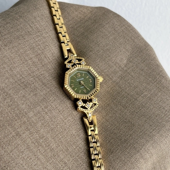 MoHer Watch Gold Octagon Emerald Green Dial Bracelet Watch for Women