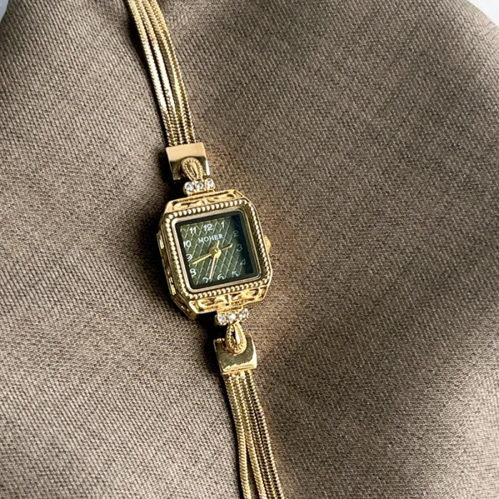MoHer Watch Gold Small Square Green Dial Slim Chain Bracelet Watch for Women