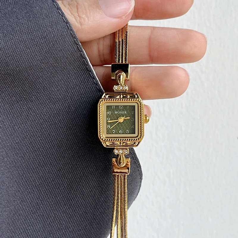 MoHer Watch Gold Small Square Green Dial Slim Chain Bracelet Watch for Women
