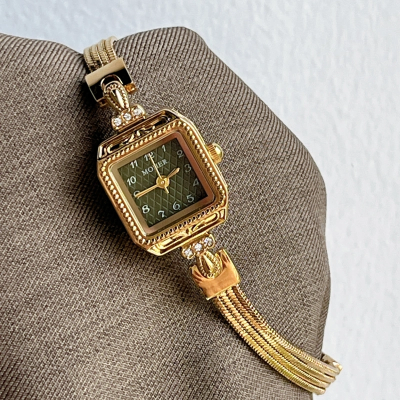 MoHer Watch Gold Small Square Green Dial Slim Chain Bracelet Watch for Women