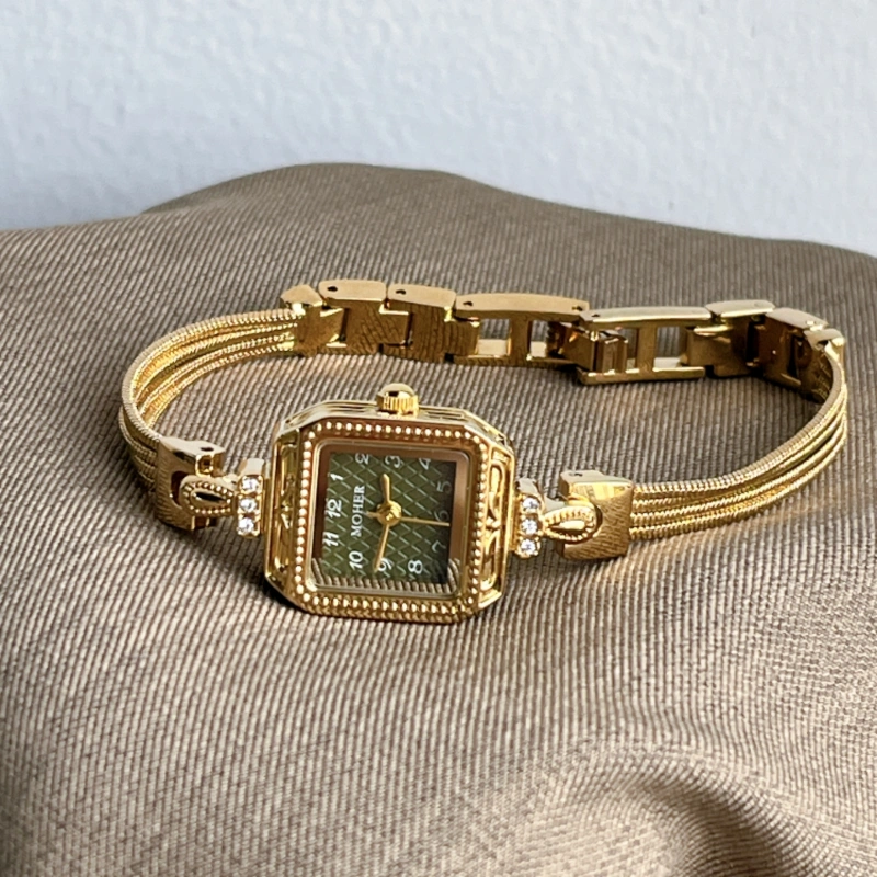 MoHer Watch Gold Small Square Green Dial Slim Chain Bracelet Watch for Women