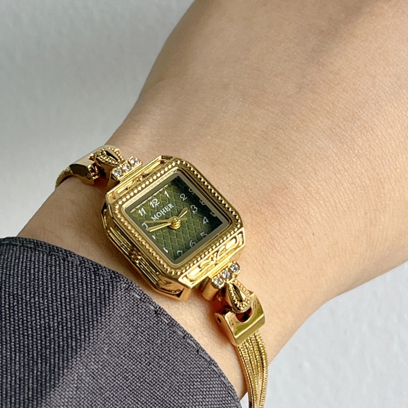MoHer Watch Gold Small Square Green Dial Slim Chain Bracelet Watch for Women