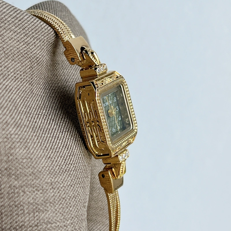 MoHer Watch Gold Small Square Green Dial Slim Chain Bracelet Watch for Women