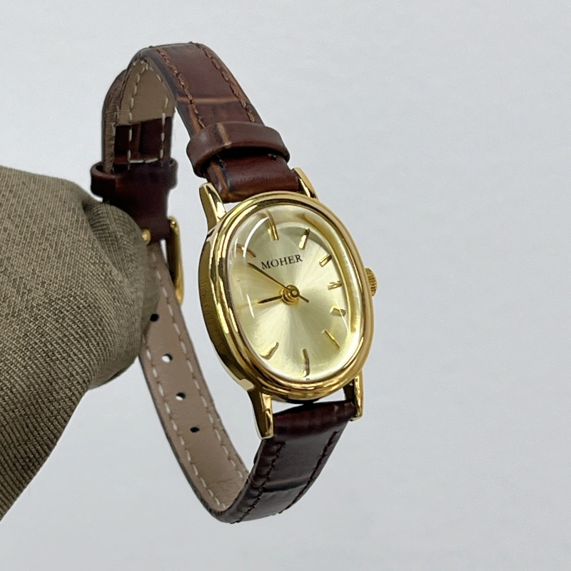 MoHer Watch Gold Oval Dial Brown Leather Strap Watch for Women