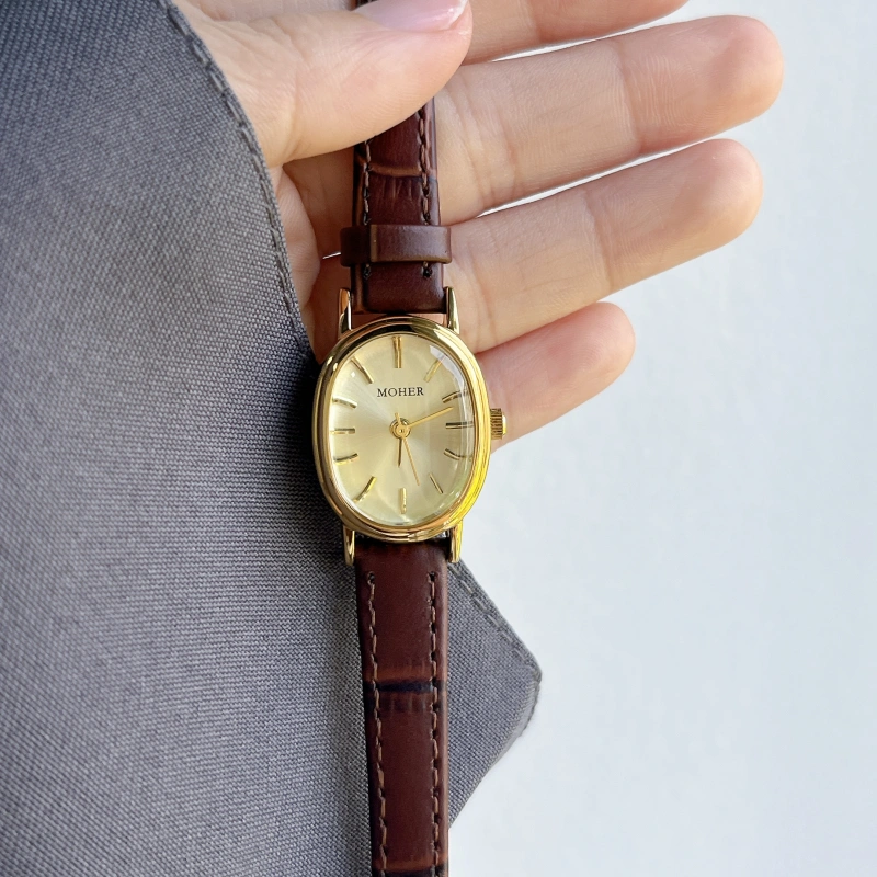 MoHer Watch Gold Oval Dial Brown Leather Strap Watch for Women