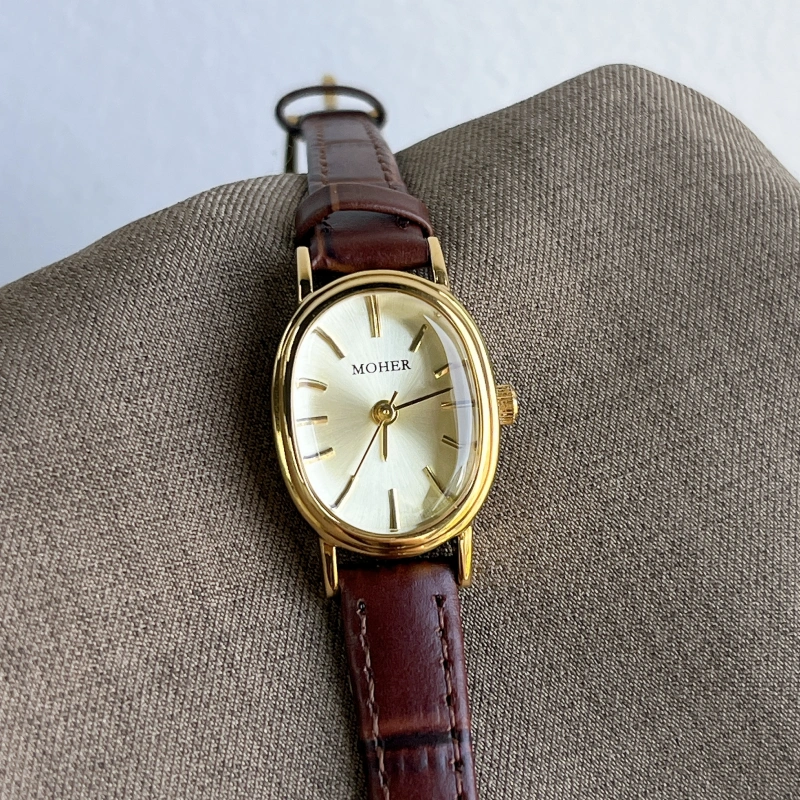 MoHer Watch Gold Oval Dial Brown Leather Strap Watch for Women