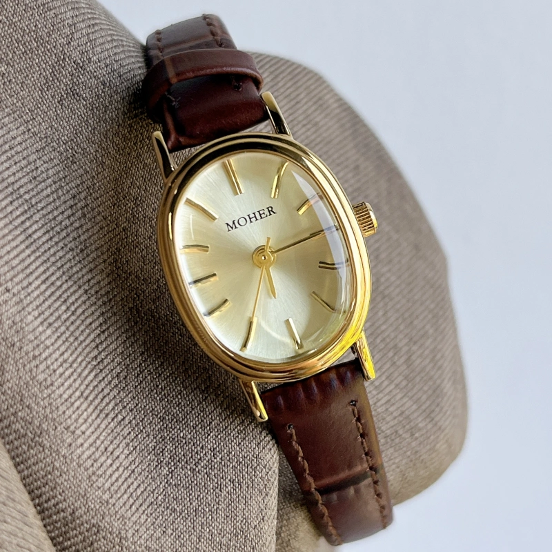 MoHer Watch Gold Oval Dial Brown Leather Strap Watch for Women