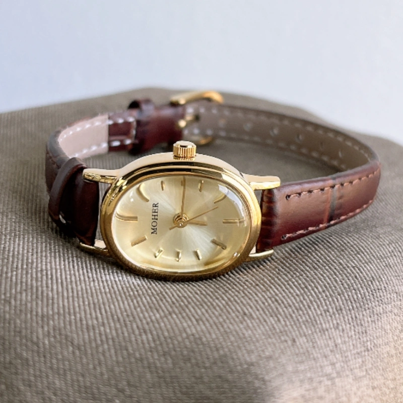 MoHer Watch Gold Oval Dial Brown Leather Strap Watch for Women