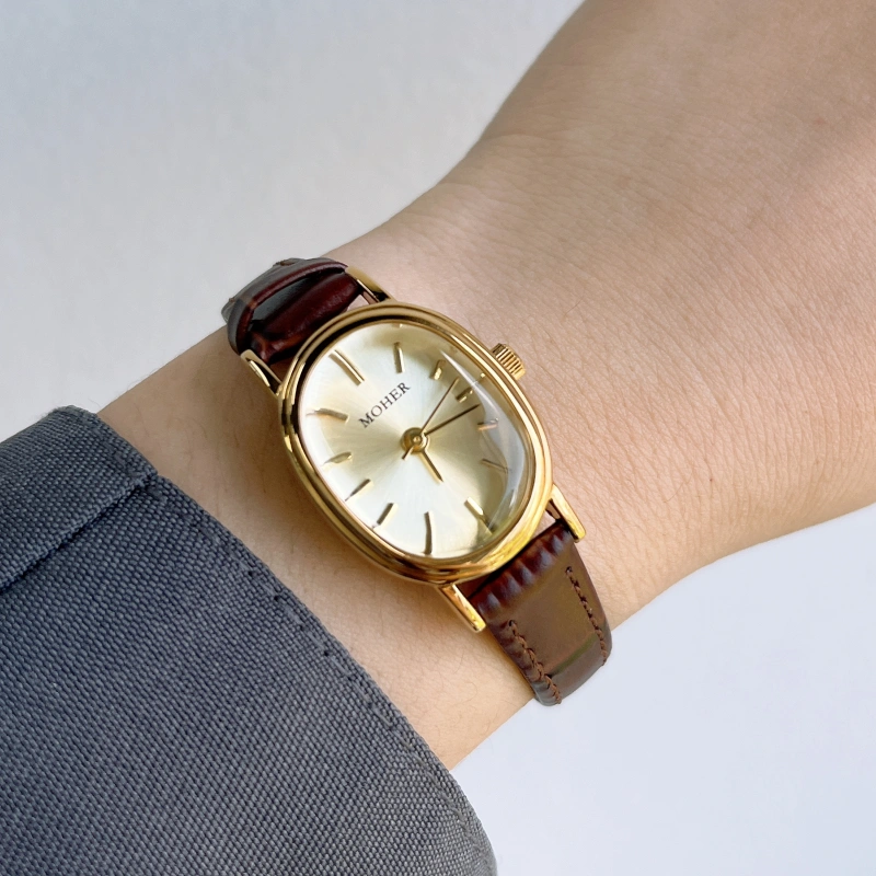 MoHer Watch Gold Oval Dial Brown Leather Strap Watch for Women