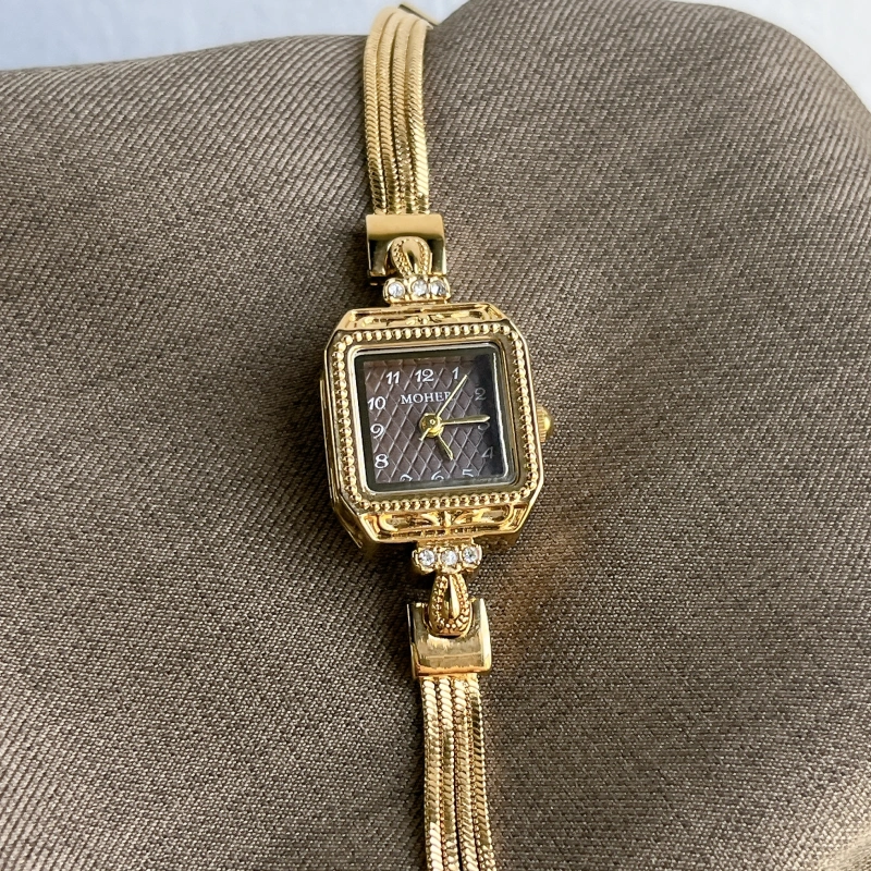 MoHer Watch Brown Square Small Face Slim Chain Bracelet Watch for Women