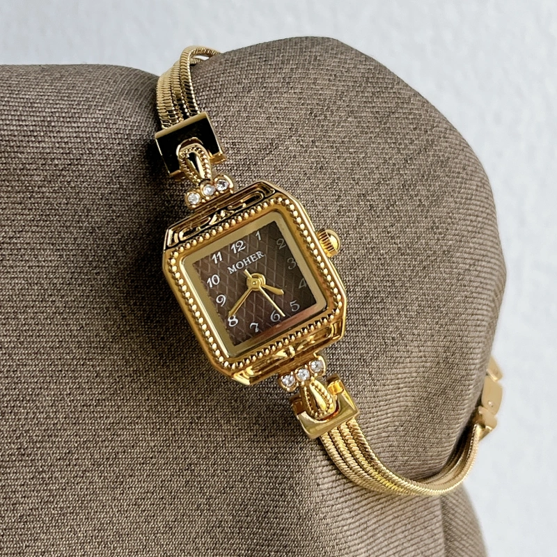 MoHer Watch Brown Square Small Face Slim Chain Bracelet Watch for Women