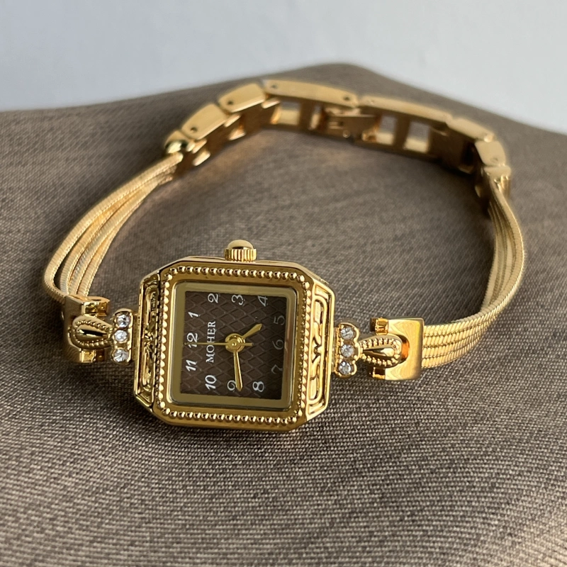 MoHer Watch Brown Square Small Face Slim Chain Bracelet Watch for Women