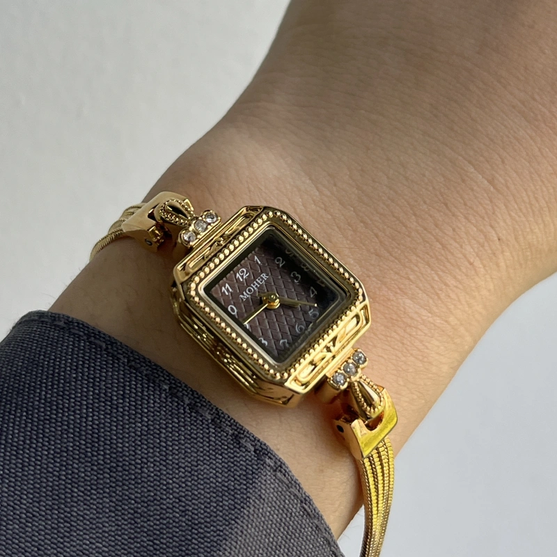 MoHer Watch Brown Square Small Face Slim Chain Bracelet Watch for Women